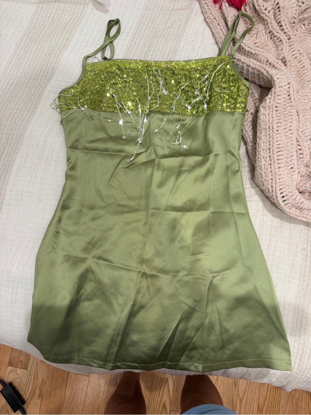 Beaded Satin Mini Dress in Olive Green - Picture 2 of 4